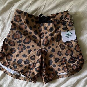 Brown and Black Leopard Print Swim Trunks